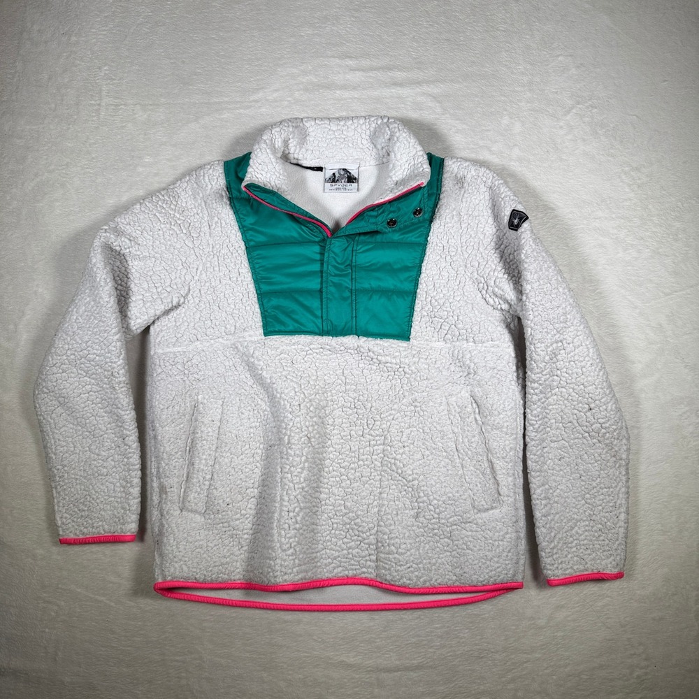 Spyder Fleece Pullover Jacket Teal Pink Trim Sherpa Teddy‎ Coat Size M